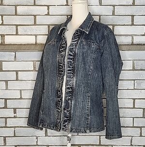 RXB Women’s Long Sleeve Denim Jean Jacket Size XXL Blue Collared Ruffle Trim